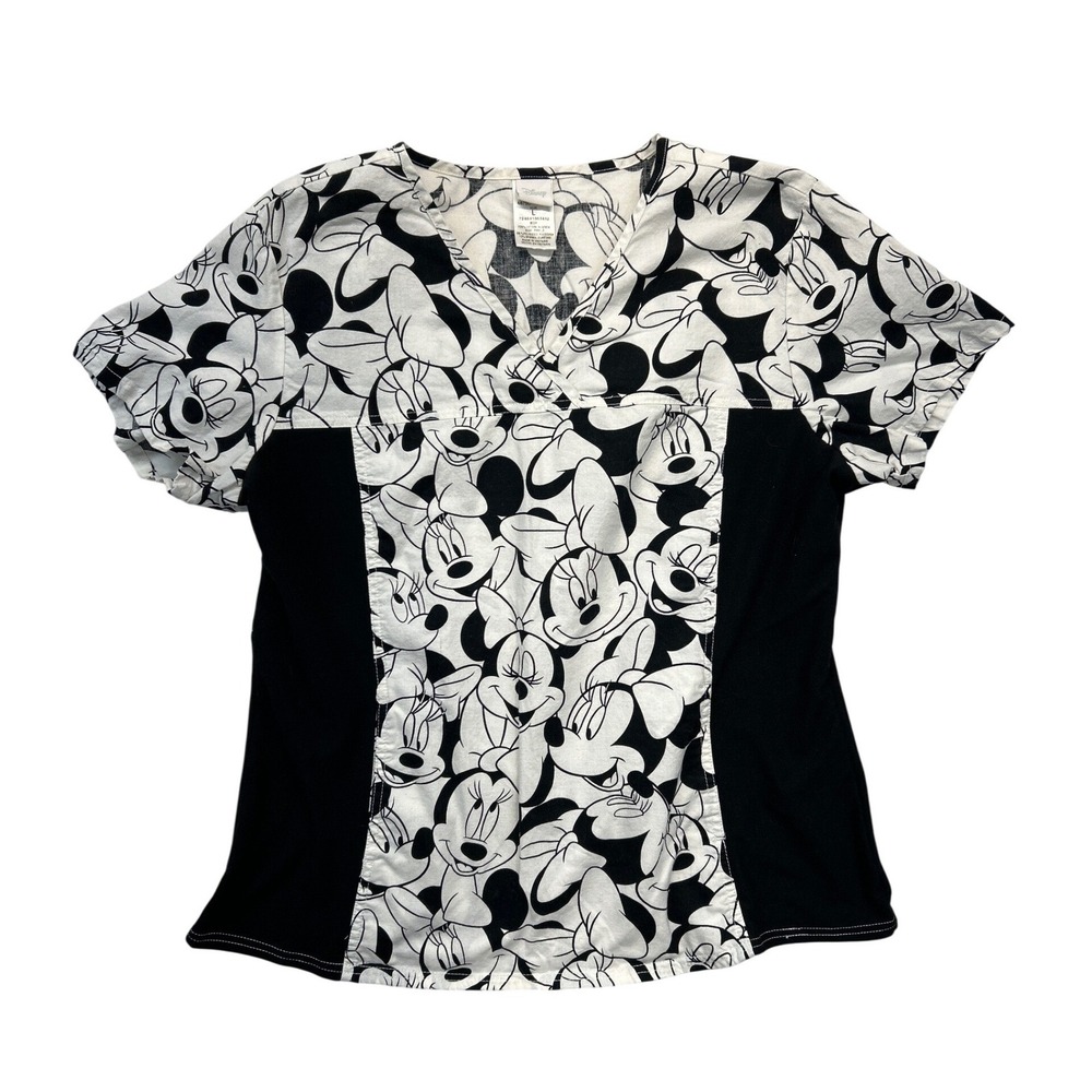 Disney Scrub Top Womens Large Black White Minnie Mouse V-Neck‎ Stretch Panels